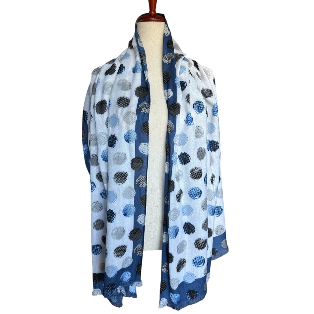 White House Black Market Blue Polka Dot Printed Scarf Fringe Edges Gift For Her - Picture 5 of 10
